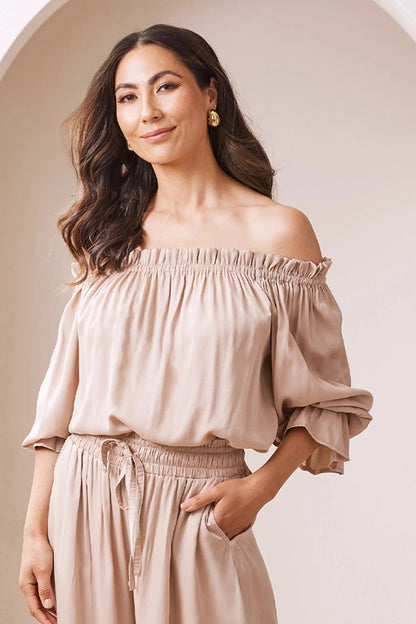 Vittoria Frill Trim Off Shoulder Long Sleeve Top Taupe
