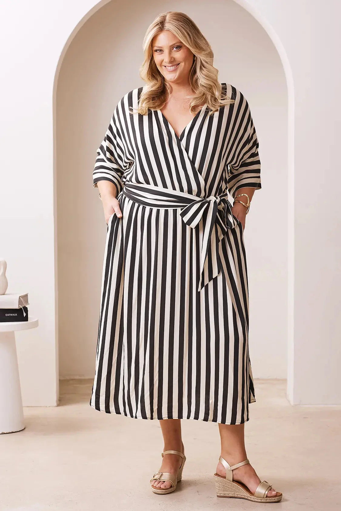Francesca Striped Midi Dress Black and Ivory