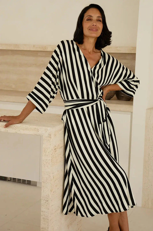 Francesca Striped Midi Dress Black and Ivory