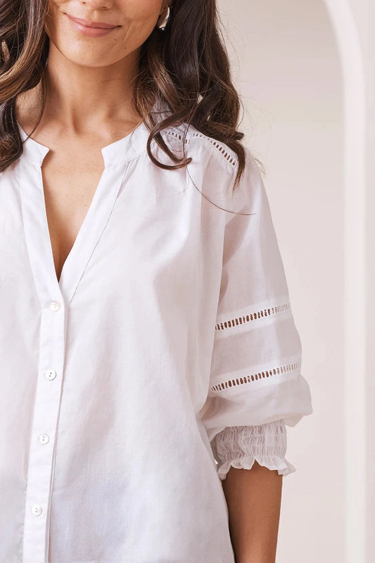 Whittney 3/4 Sleeve Smocked Cuffs V-Neck Top White