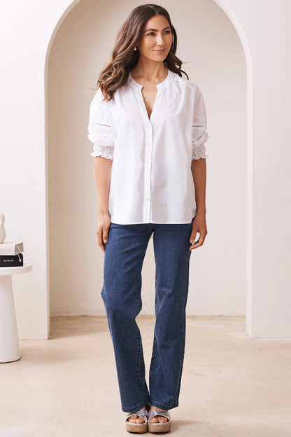 Whittney 3/4 Sleeve Smocked Cuffs V-Neck Top White