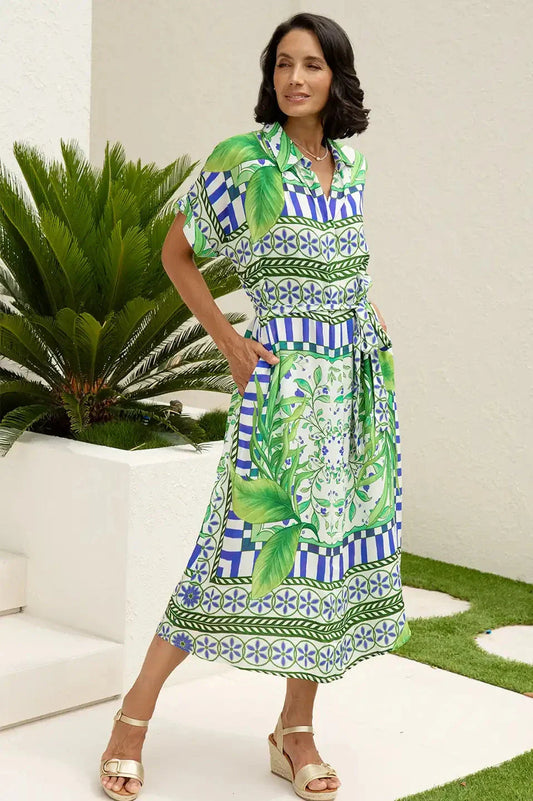 Tonya Short Sleeve Collared Dress in Emerald