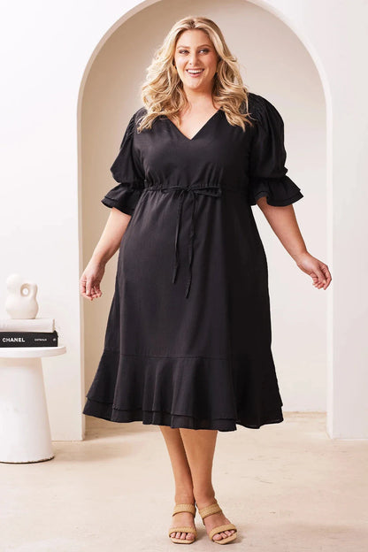 Laguna Short Balloon Sleeves V-Neck Midi Dress Black