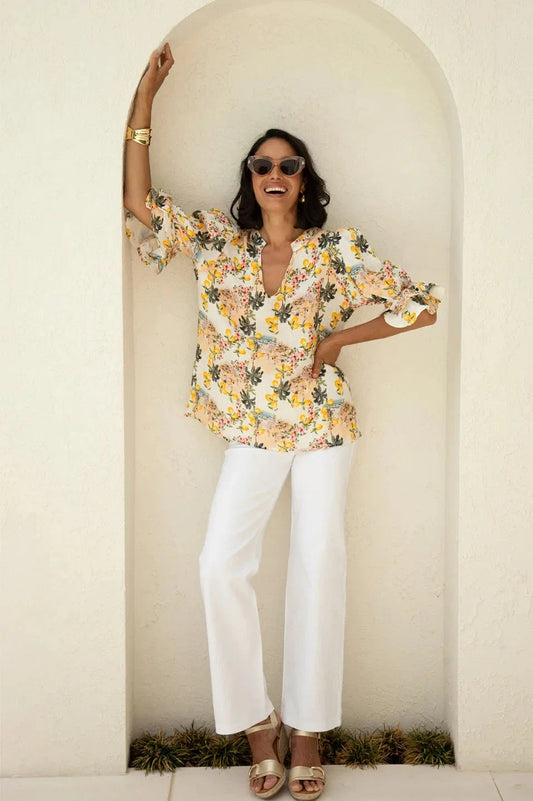Positano Floral Mid Sleeve V-Neck Linen Top