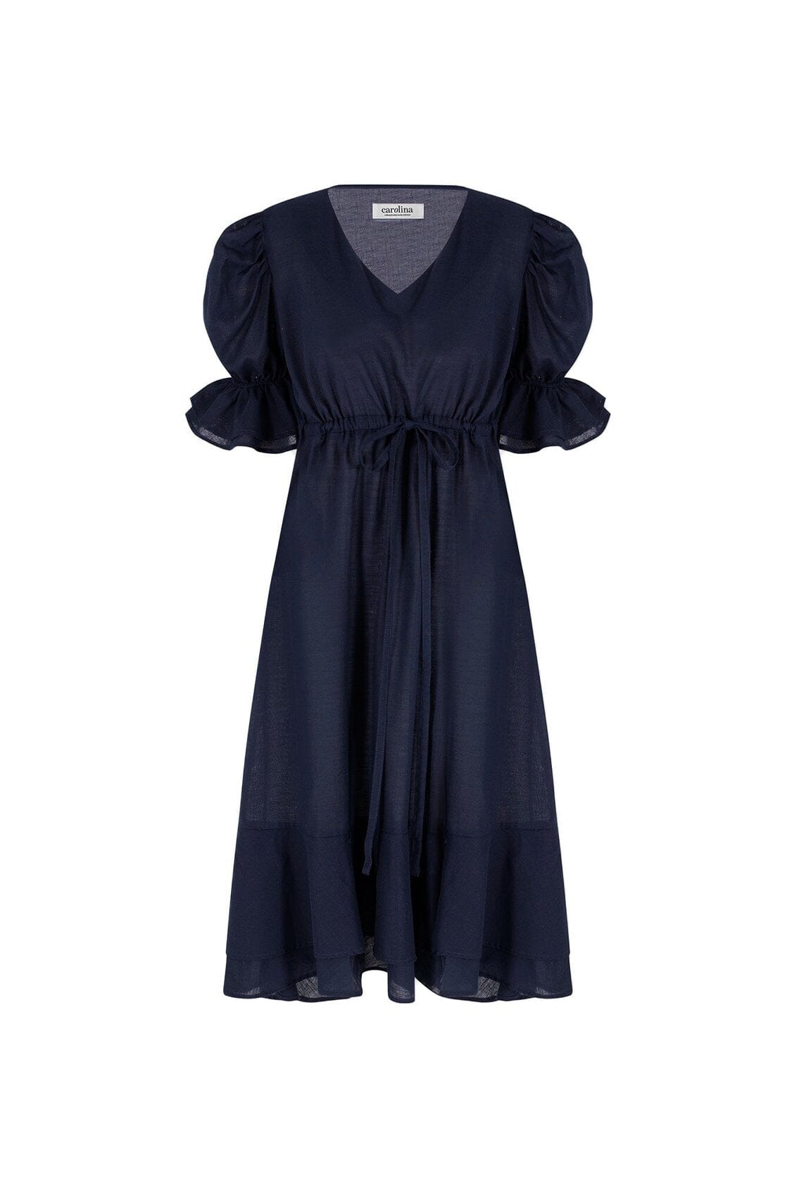 Laguna Short Balloon Sleeves V-Neck Midi Dress Navy