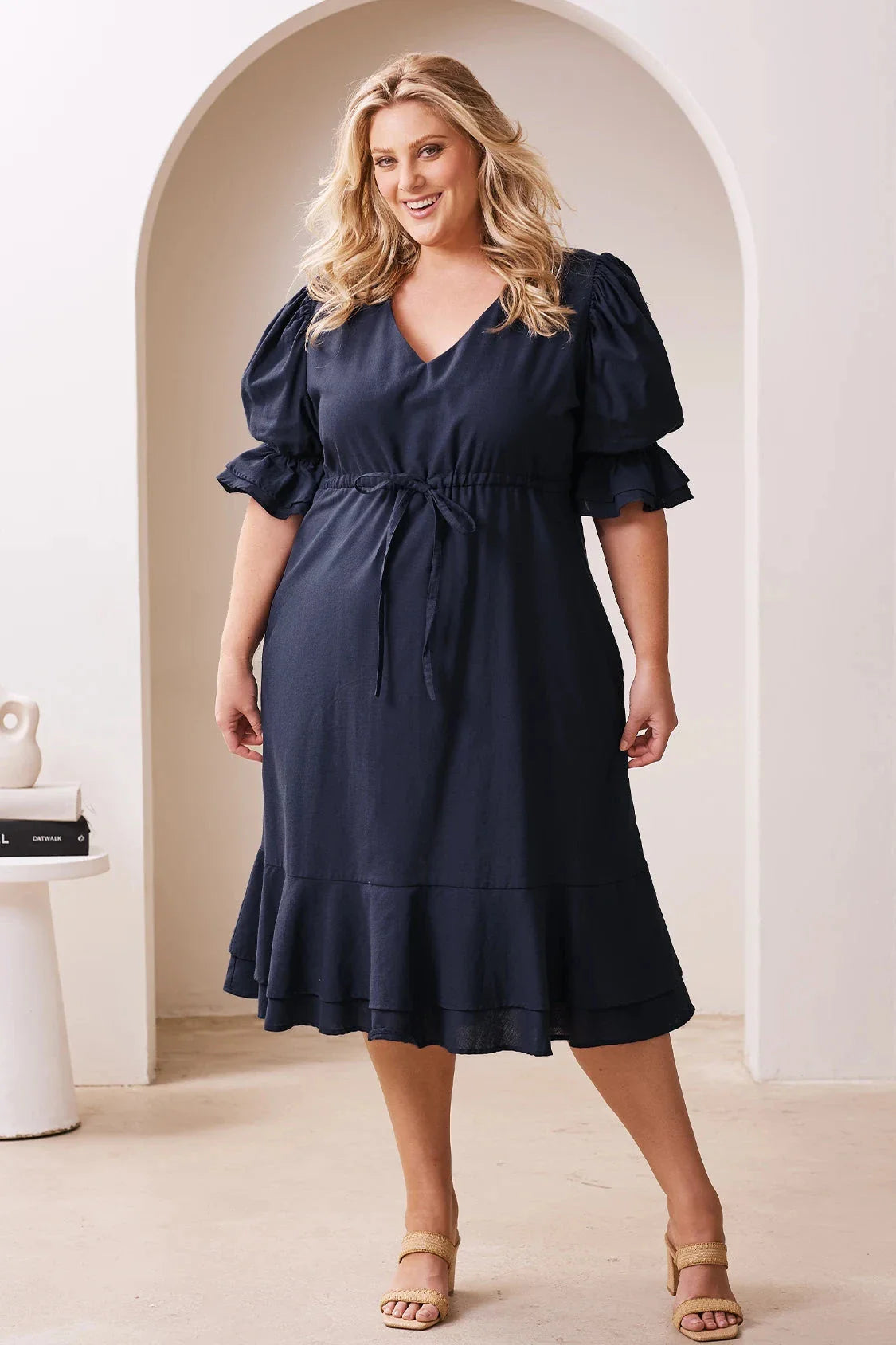 Laguna Short Balloon Sleeves V-Neck Midi Dress Navy