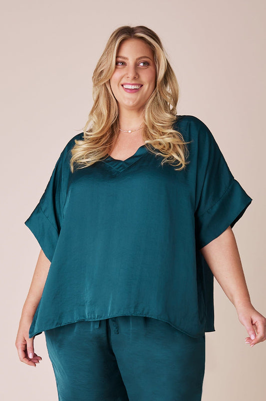 Bianca Short Sleeve Top Forest Green with V Neck