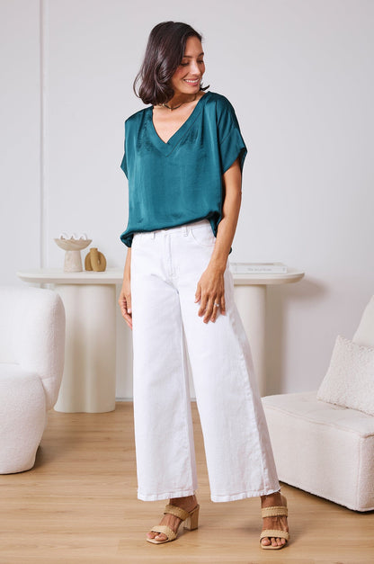Bianca Short Sleeve Top Forest Green with V Neck