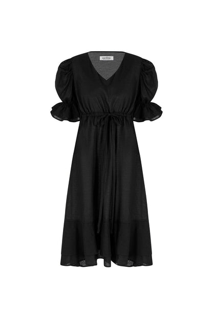 Laguna Short Balloon Sleeves V-Neck Midi Dress Black