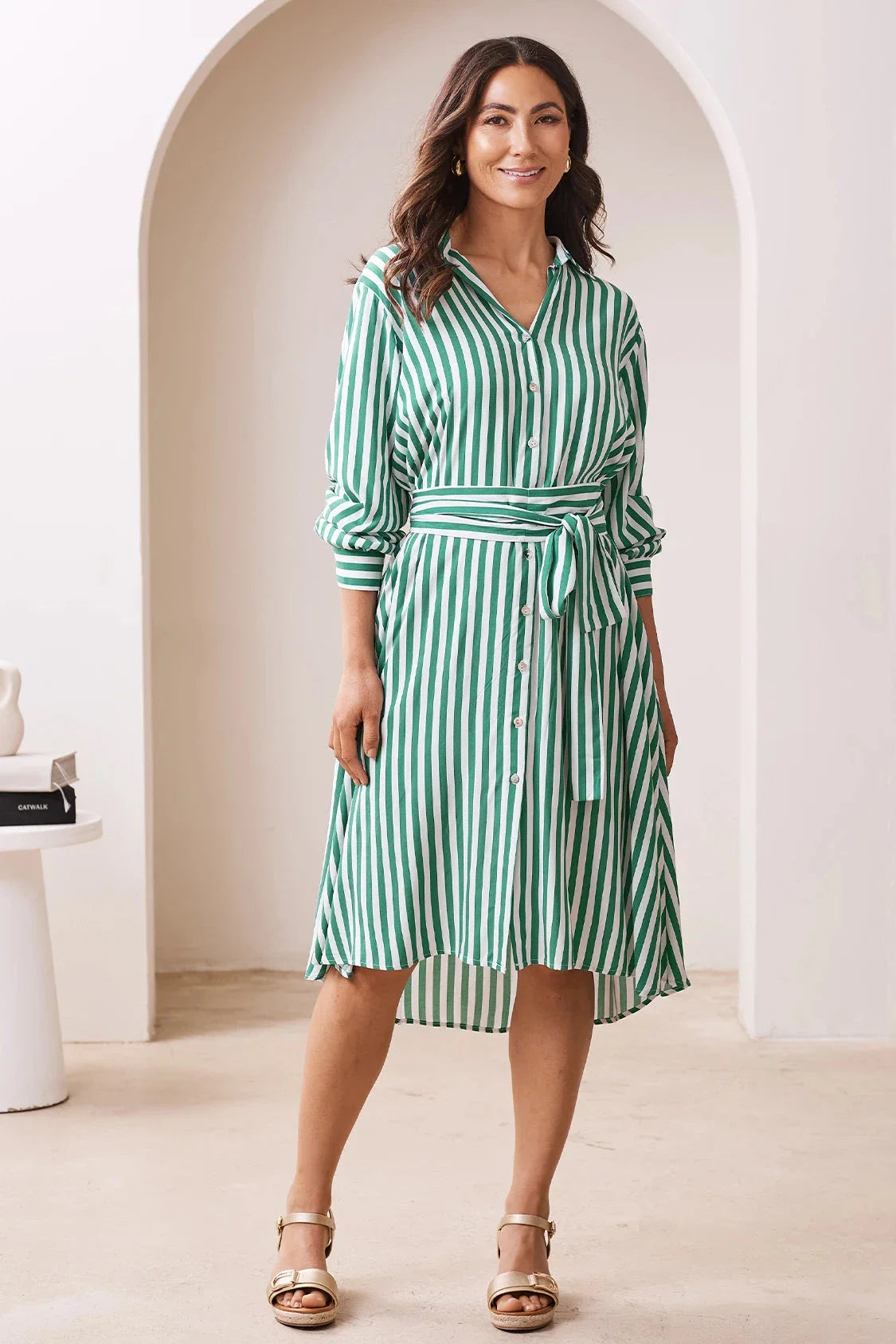 Francesca Long Sleeve Striped Midi Dress Emerald and White