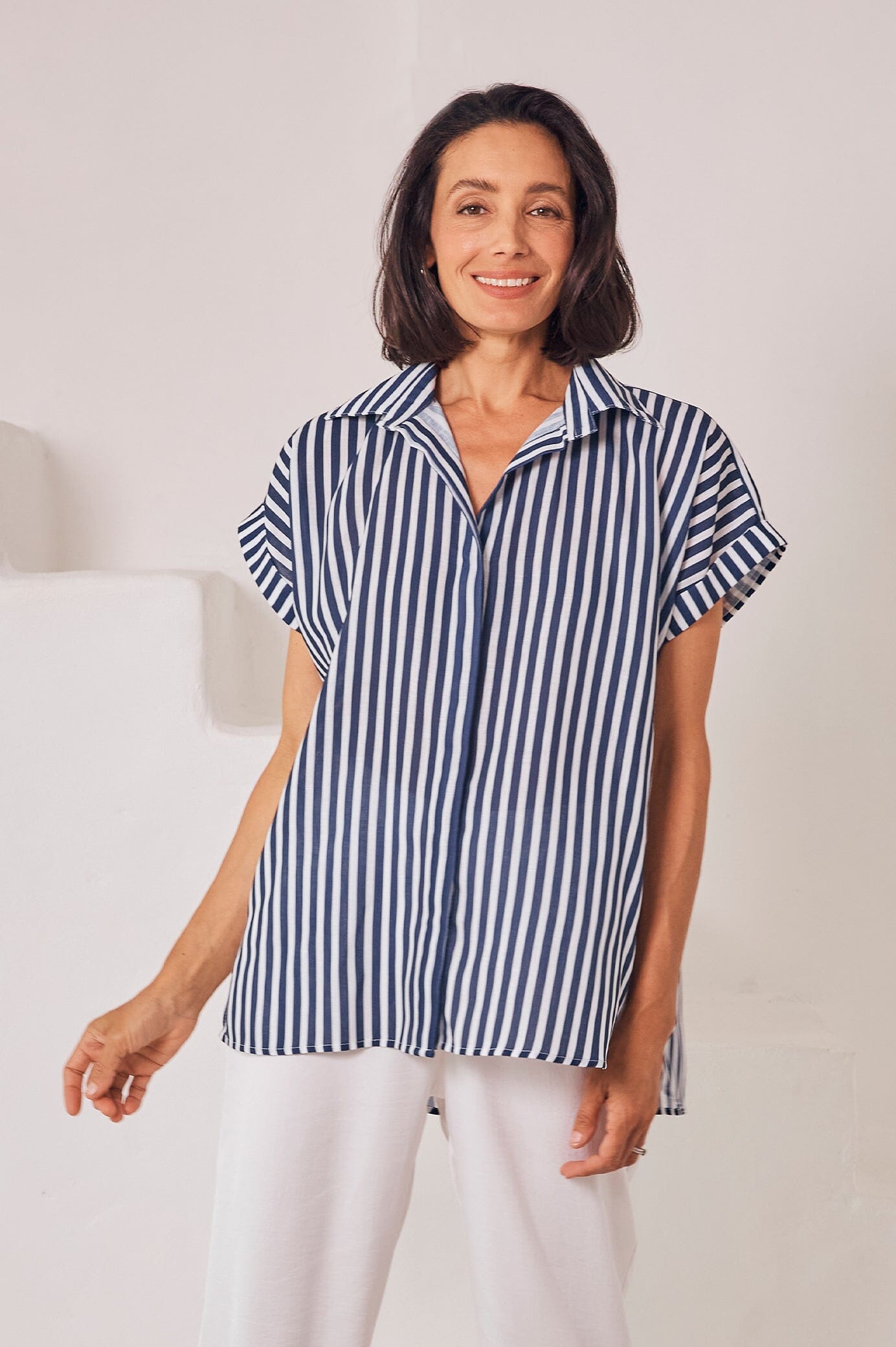 Clem Cotton Striped Top Navy and White