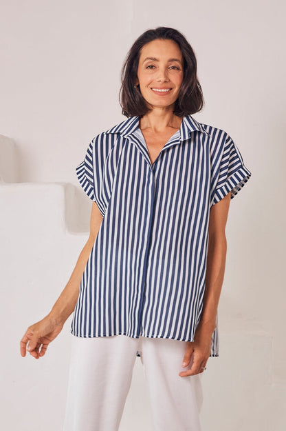 Clem Cotton Striped Top Navy and White