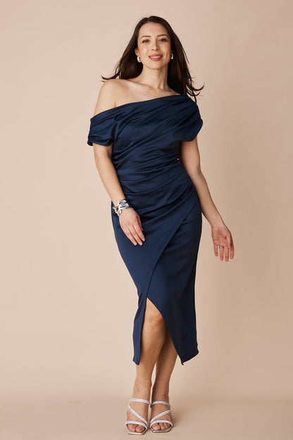 Roslyn Off Shoulder Midi Dress Navy