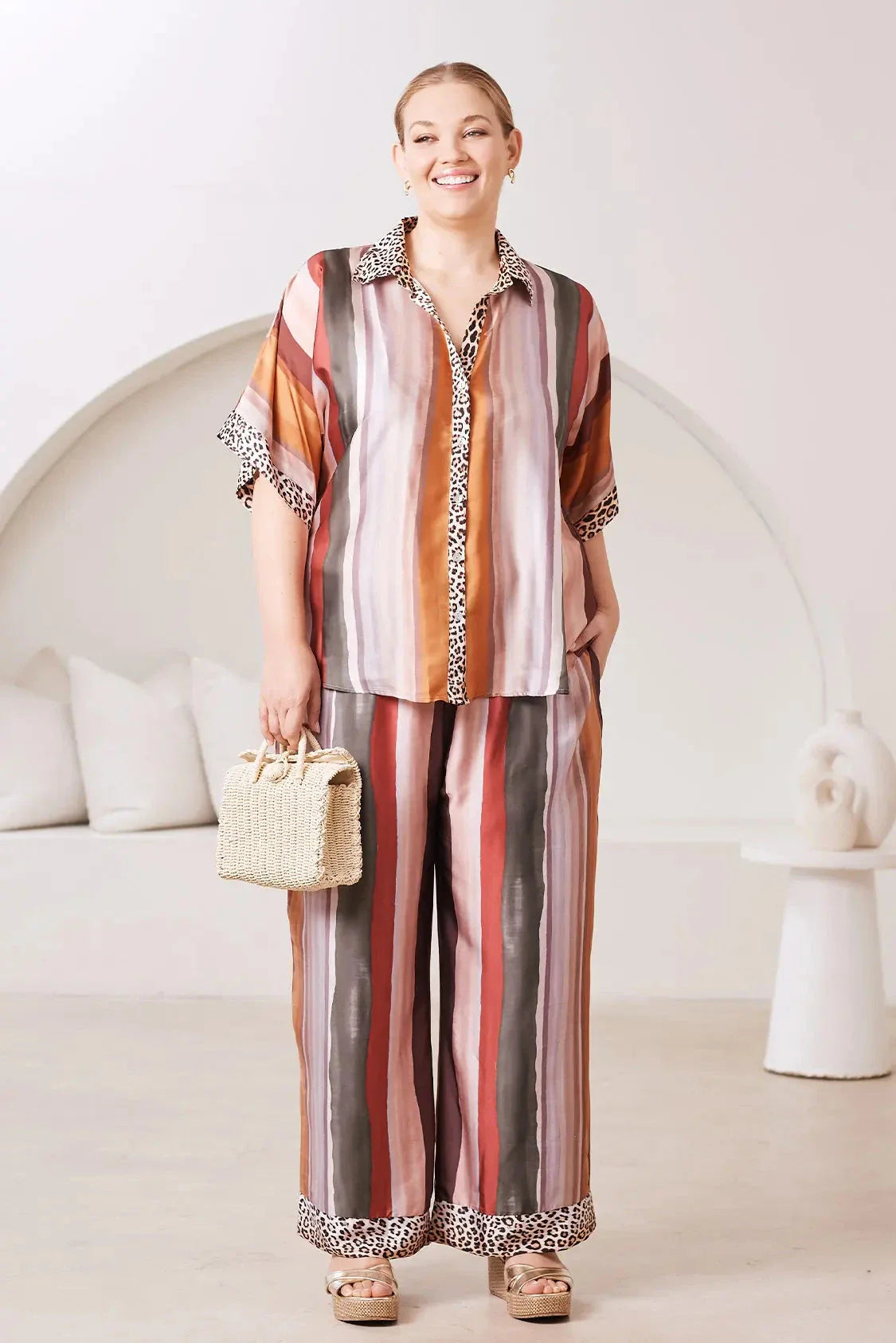 Stella Short Sleeve Striped Animal Print Top
