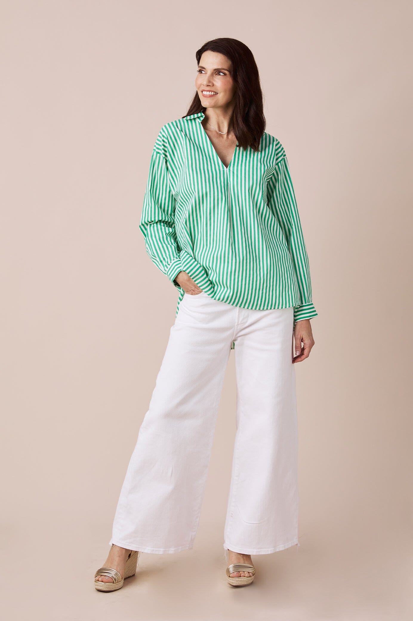 Lynette Collared Long Sleeve Shirt Striped Green