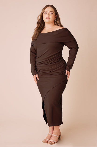 Megan Off Shoulder Midi Dress Brown