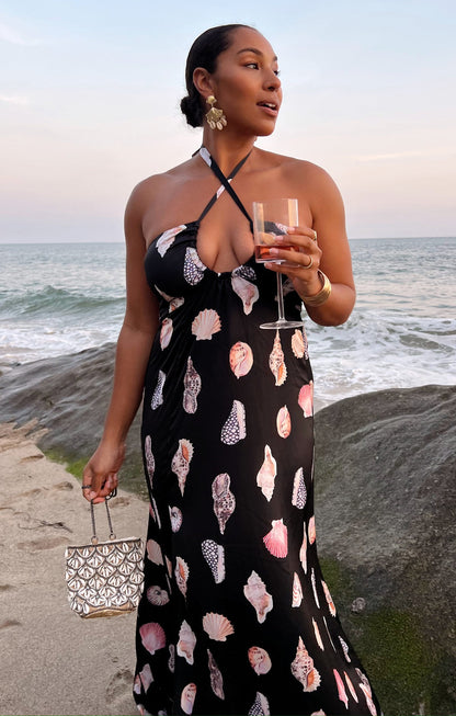 Milos Maxi Dress ~ Black Shell Luxe Satin