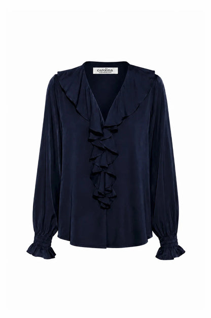 Alyssa Ruffle V-Neck Long Sleeve Top Navy - Pre Order