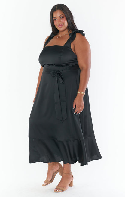Claire Midi Dress ~ Black Luxe Satin