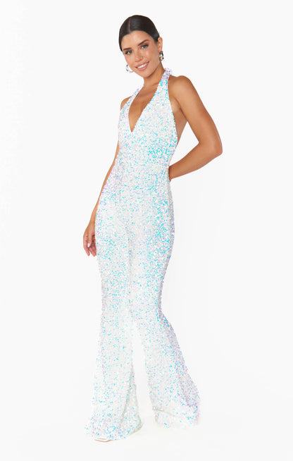 Studio Halter Jumpsuit ~ White Sparkle Sequins