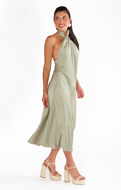 Jasmine Halter Midi Dress ~ Moss Green Luxe Satin