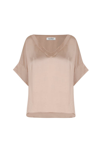 Bianca Short Sleeve Top Almond with V Neck