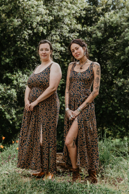 Long Agnes Dress in Blue & Brown Floral Crepe