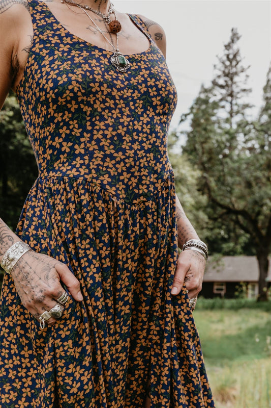 Long Agnes Dress in Blue & Brown Floral Crepe