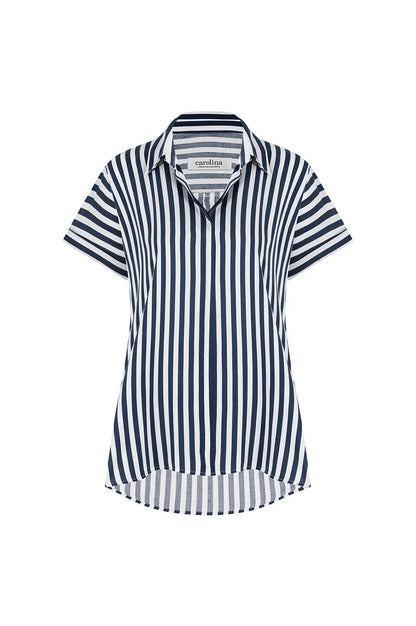 Francesca Short Sleeve Striped Collared Top Navy and White