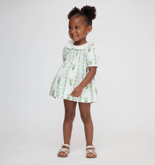 The Tiny Mina Nap Dress - White/Green Arcadia Border