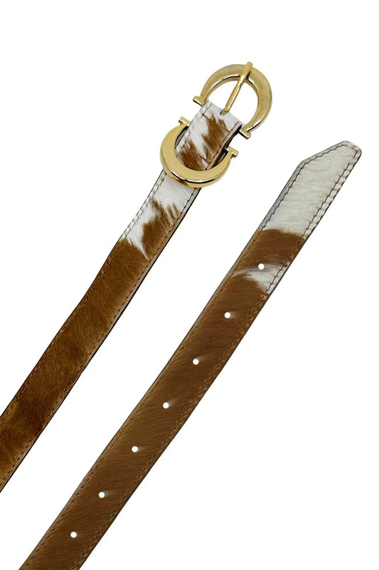 Ivy Skinny Double Buckle Belt Tan & White Cowhide