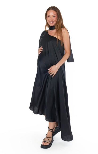 Rhea One Shoulder Dress ~ Black Luxe Satin