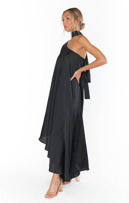 Rhea One Shoulder Dress ~ Black Luxe Satin