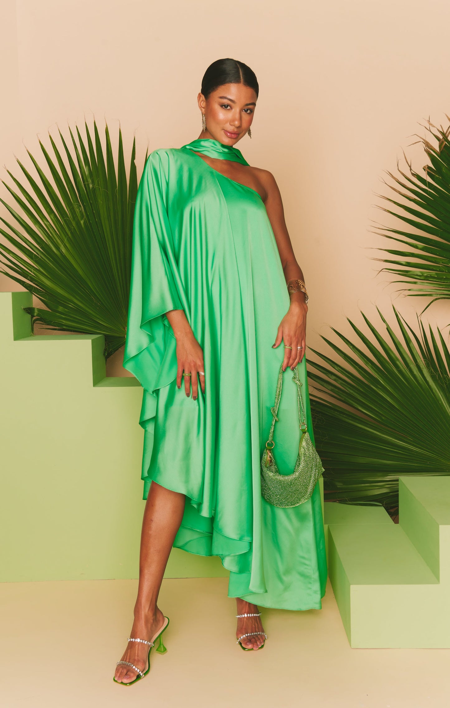 Rhea One Shoulder Dress ~ Kiwi Luxe Satin