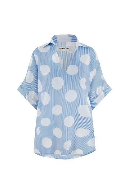 Tammy Short Sleeve Collared Top in Blue Striped and Polka Dots