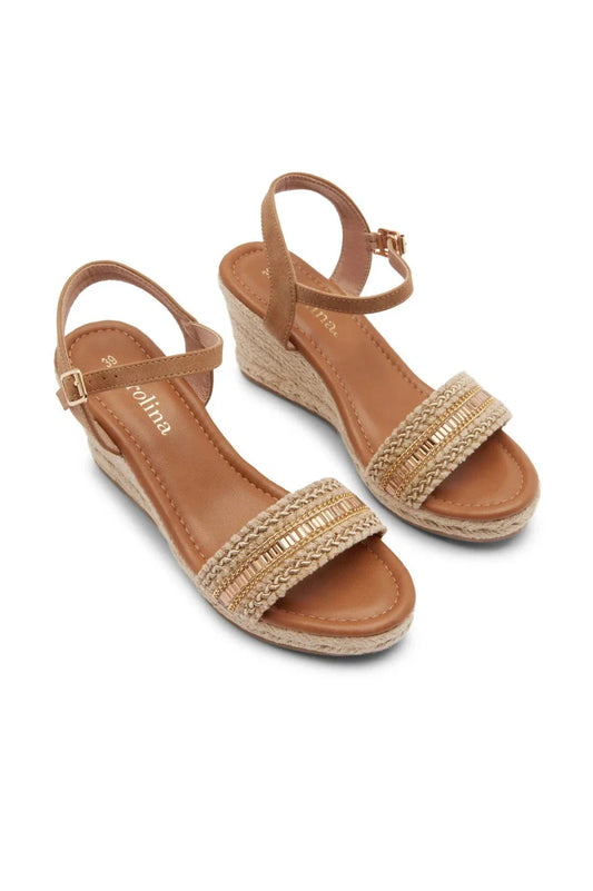 Tayla Rhinestone Woven Wedges Beige