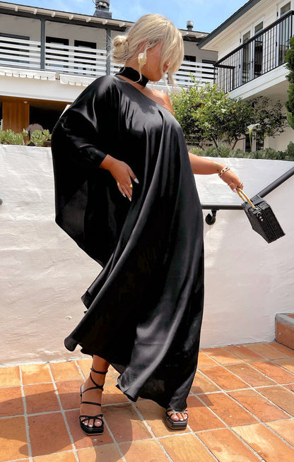 Rhea One Shoulder Dress ~ Black Luxe Satin