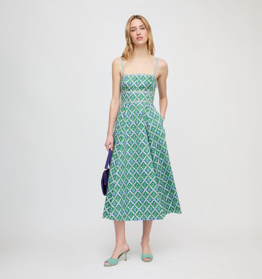 The Margot Dress - Diamond Cherries Grass Green