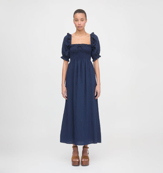 The Scarlett Midi Nap Dress - Navy Tonal Seersucker