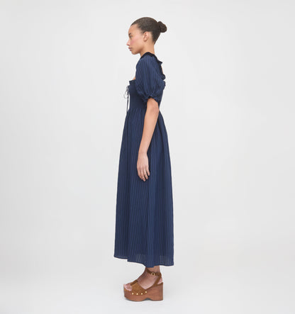The Scarlett Midi Nap Dress - Navy Tonal Seersucker