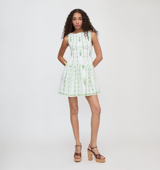 The Cosima Mini Nap Dress - White/Green Arcadia Border