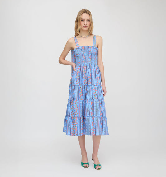 The Ribbon Ellie Nap Dress - Blue Floral Batik Stripe