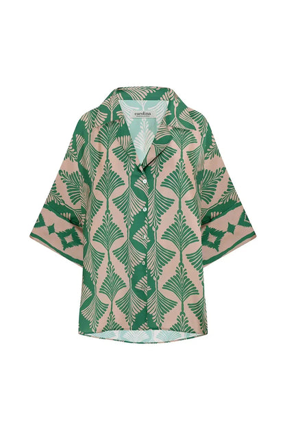 Tory Short Sleeve Collared Shirt Fan Print in Emerald & Espresso