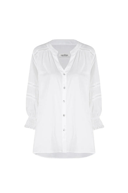 Whittney 3/4 Sleeve Smocked Cuffs V-Neck Top White