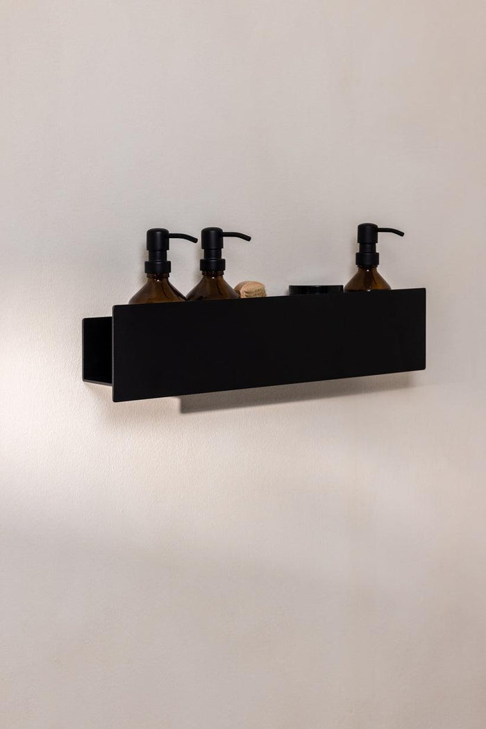 Duschablage SHEA aus Aluminium mit drei Flaschen für Duschgel und Pflegeprodukte, ideal für Bad und Dusche.