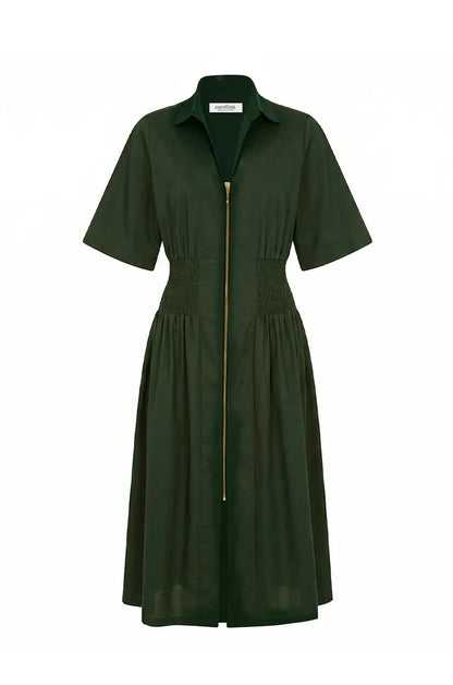 Laura Short Sleeve Smocked Waist Zip Front Midi Dress Olive