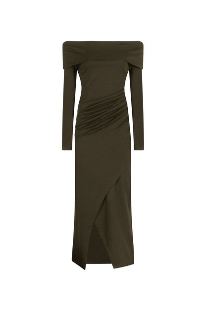 Megan Off Shoulder Midi Dress Olive